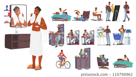 Male Character Daily Routine. Rise, Exercise And Breakfast At Morning. Work Tasks And Lunch At Afternoon, Shopping 110790962