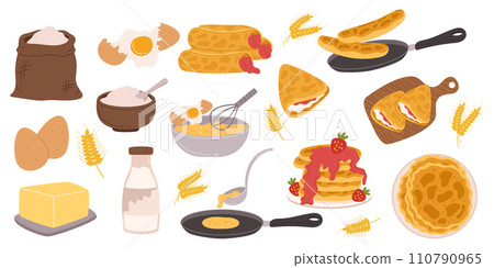 Cooking Pancake Items And Ingredients Vector Set. Mix Flour, Milk, Eggs, And A Pinch Of Salt. Pour Batter Onto a Griddle 110790965