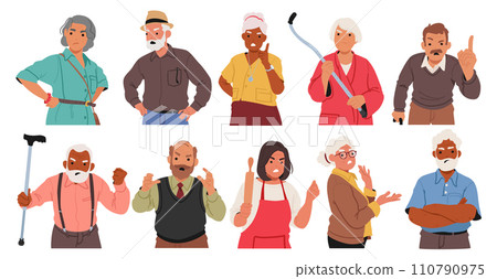 Frustrated Wrinkles, Furrowed Brows, And Fiery Eyes Reveal The Discontent Of Angry Elderly People, Vector Illustration 110790975