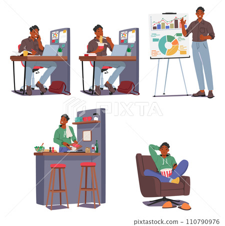 Male Character Daily Routine And Rituals. Young Black Man Work in Office, Dining at Workplace, Doing Presentation 110790976