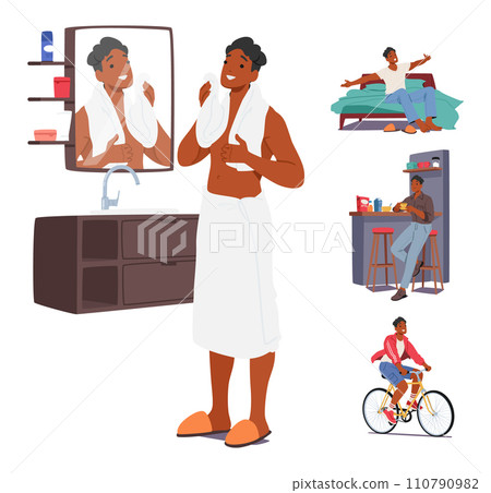 Male Character Daily Routine and Rituals. Young Black Man Washing in Bathroom, Wake Up, Eating Breakfast and Riding 110790982