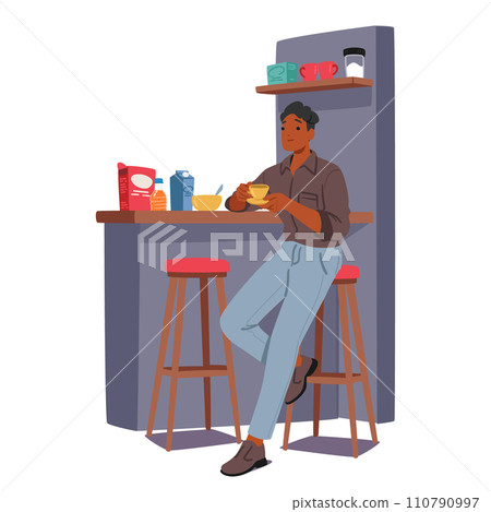Young Man Immersed In His Daily Routine, Savors A Home-cooked Meal, Enjoys Familiar Flavors, Vector Illustration 110790997