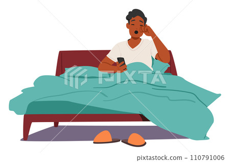 Man Sitting Comfortably In Bed, Yawn, Phone In Hand, Eyes Closed, Surrounded By The Tranquility Of Room 110791006