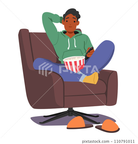 Man Relaxes At Home, Enjoying A Movie With Popcorn. Cozy Atmosphere, Cinematic Escape, Vector Illustration 110791011
