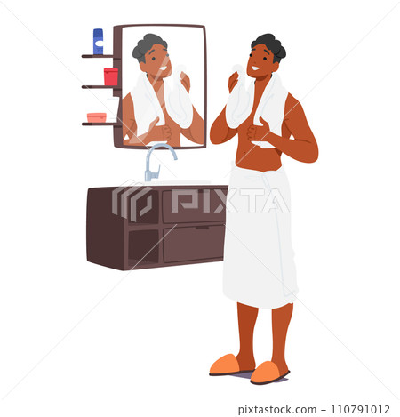 Man Stands In The Bathroom, Gazing At His Reflection In The Mirror. Young Male Character Contemplating The Day Ahead 110791012