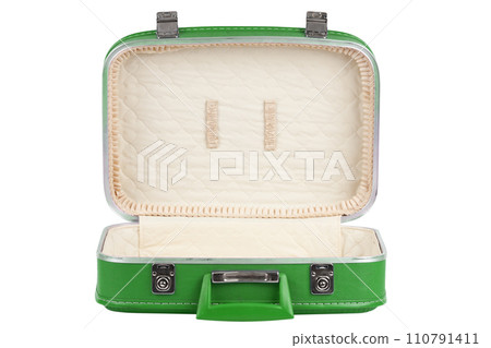 Vintage open blue suitcase isolated on white background. 110791411