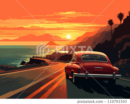 Car drive illustration running on a road at dusk 110791503