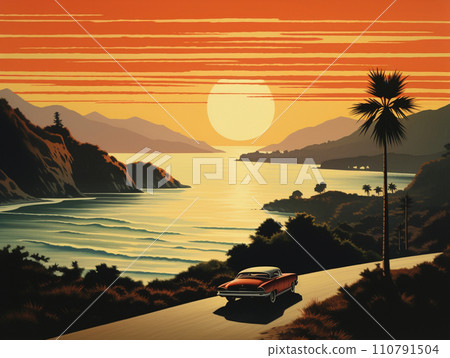 Car drive illustration running on a road at dusk 110791504