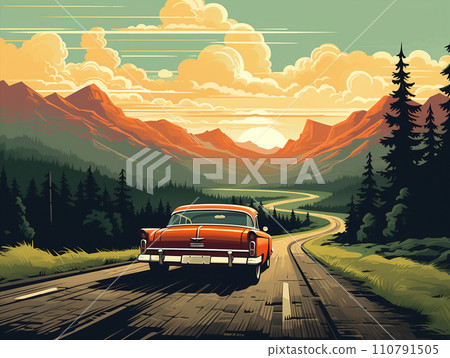 Car drive illustration running on a road at dusk 110791505