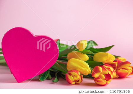 Tulips and pink heart. Valentine's day greeting card. 110791506