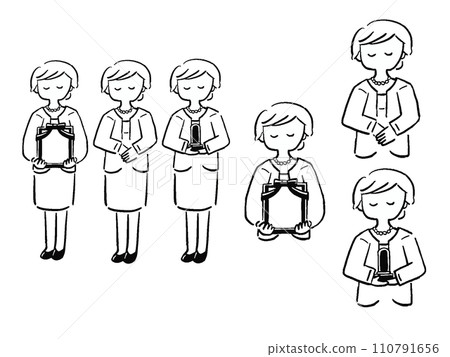 穿著喪服的女人，全身，手繪風格線條畫插圖集 110791656