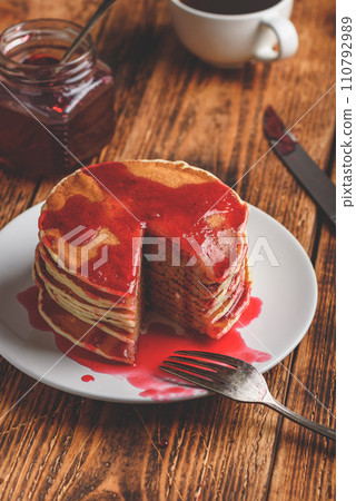 Stack of pancakes with berry fruit marmalade Stack of pancakes with berry fruit marmalade 110792989