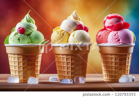 Three cups with various soft ice cream are on the table, delicious ice cream in paper cups packaging templates collection of layouts 110793355