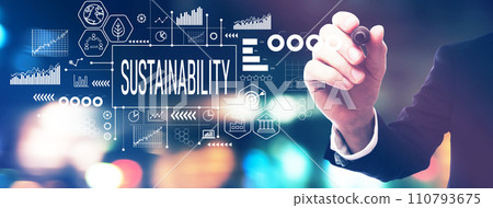 Sustainability theme with a businessman holding a marker 110793675