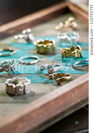 排列整齊的時尚戒指形象 商店材料 排列整齊的時尚戒指形象 商店材料 110793745