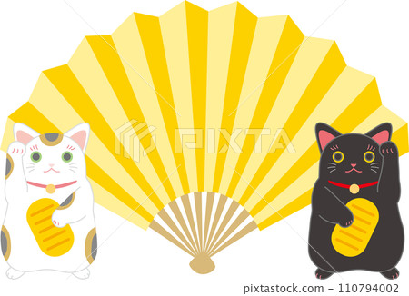 Fan_Folding fan_Two beckoning cats and a golden fan Fan_Folding fan_Two beckoning cats and a golden fan 110794002