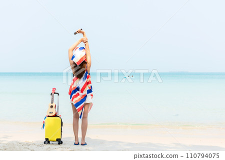 Summer vacations. Lifestyle woman relax and chill on beach background. Summer vacations. Lifestyle woman relax and chill on beach background. 110794075