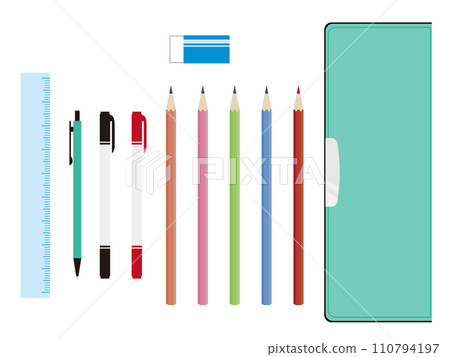 Set of pencil case, pencil, ruler, eraser and pen 110794197