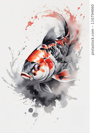 Watercolor illustration art of white, black and red carp (AI generated image) 110794660