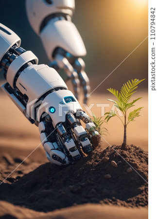 Robot starting a home garden (AI generated image) 110794842