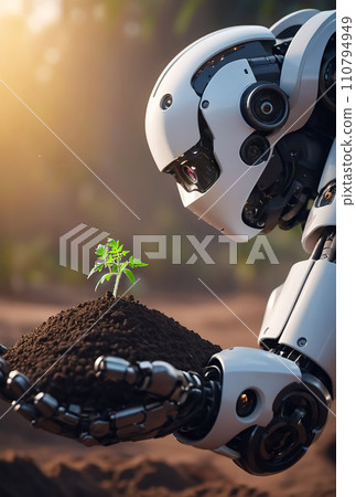 Robot trying to grow tomatoes (AI generated image) 110794949