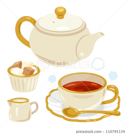 Cup and tea set with hot tea Cup and tea set with hot tea 110795134