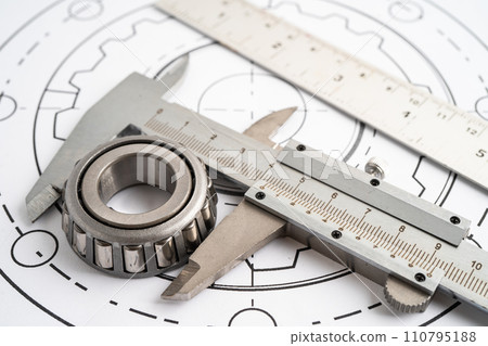 Engineering tools and mechanical industrial with vernier caliper and metal ball bering. 110795188