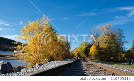 Autumn scenery railroad track 110795313