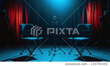 AI-generated content. Two chairs and microphones in podcast or interview room. Generative AI 110795439