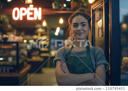 AI-generated content. Young female barista, cross arm with open sign standing front of cafe. Generative AI 110795451