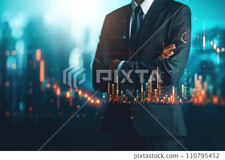 AI-generated content. Businessman in suit with investment graphics. Generative AI 110795452