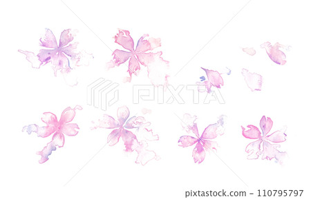 水彩。櫻花花瓣向量插畫與水彩觸感。日式櫻花材質。 110795797
