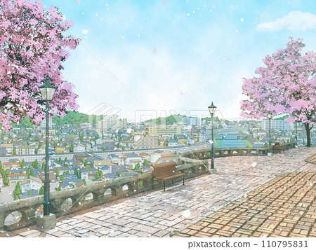 櫻花屋住宅小鎮水彩風格手繪花朵春天插畫背景BG 110795831