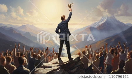 Businessman standing holding cup on top of mountain. achievement concept. Generative AI 110796151