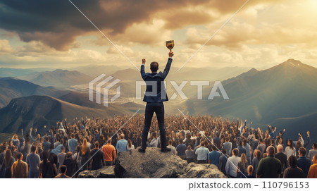 Businessman standing holding cup on top of mountain. achievement concept. Generative AI Businessman standing holding cup on top of mountain. achievement concept. Generative AI 110796153