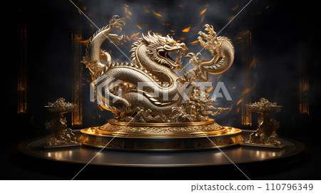 3d blank podium decoration with dragon. happy chinese new year concept. Luxury podium for your product. Generative AI. 110796349