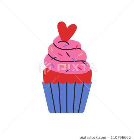 Muffin with red candy in shape of heart. Flat style cupcake. Vector illustration isolated on a white background. Muffin with red candy in shape of heart. Flat style cupcake. Vector illustration isolated on a white background. 110796662