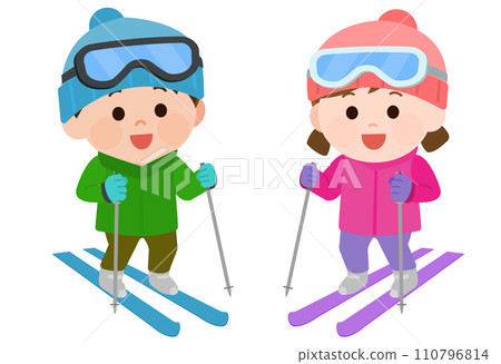 Illustration of a boy and girl enjoying skiing Illustration of a boy and girl enjoying skiing 110796814