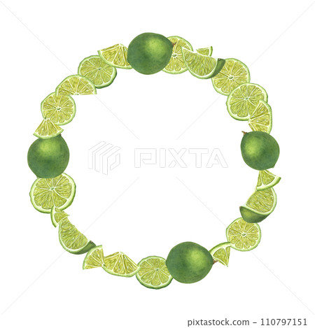 Lime wreath. Tropical citrus fruits. Ripe, juicy lime slices. Watercolor summer botanical illustration. Copy space for text. For menu, cocktail party, flyer, posters Lime wreath. Tropical citrus fruits. Ripe, juicy lime slices. Watercolor summer botanical illustration. Copy space for text. For menu, cocktail party, flyer, posters 110797151