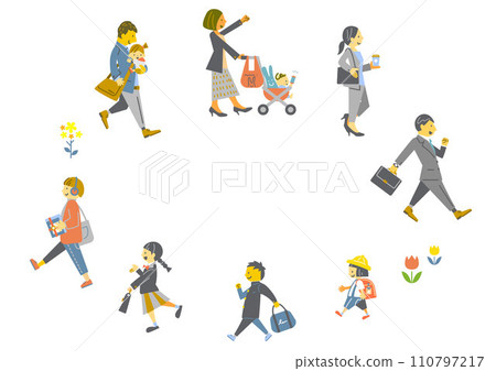 Colorful and stylish illustrations of people excitedly starting a new life in spring Colorful and stylish illustrations of people excitedly starting a new life in spring 110797217
