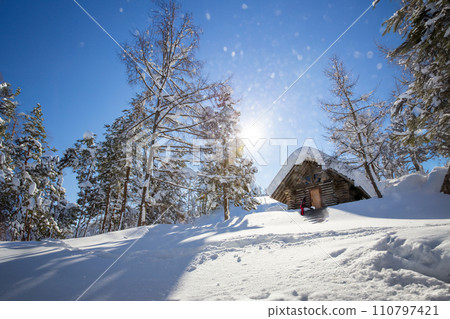 Mountain hut in the snow AI generated image 110797421