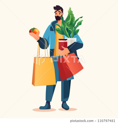 man buyer holding shopping bags with fruits and vegetables organic natural food eco local grown products world vegetarian day 110797481