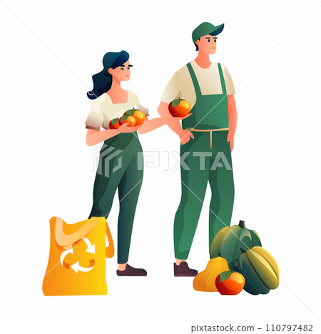 man woman farmers sellers offering fruits and vegetables organic natural food eco local grown products full length 110797482