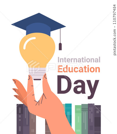 human hand holding light lamp near books new idea innovation international education day concept 110797484