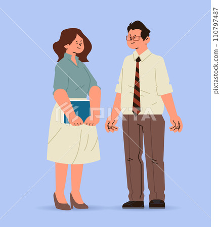 man woman teachers couple standing together and discussing during meeting education day concept full length 110797487