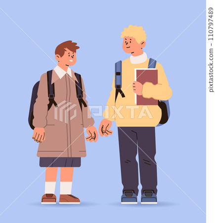 couple of male students with backpacks in casual clothes standing together education day concept full length 110797489