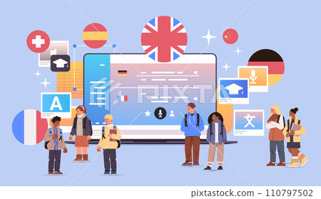 mix race students learning language on laptop online education e-learning concept mix race students learning language on laptop online education e-learning concept 110797502