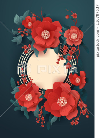 chinese new year greeting card with red flowers asian flyer invitation poster vertical 110797537