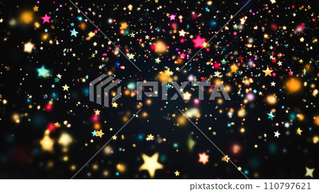 黑色背景上色彩繽紛的閃閃發光的星形五彩紙屑的背景“人工智慧生成的圖像” 110797621