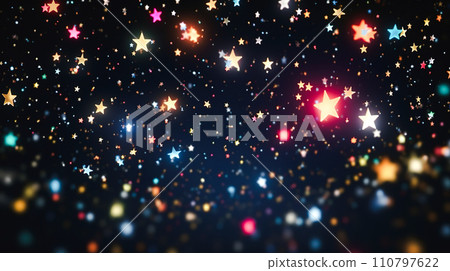 黑色背景上色彩繽紛的閃閃發光的星形五彩紙屑的背景“人工智慧生成的圖像” 黑色背景上色彩繽紛的閃閃發光的星形五彩紙屑的背景“人工智慧生成的圖像” 110797622